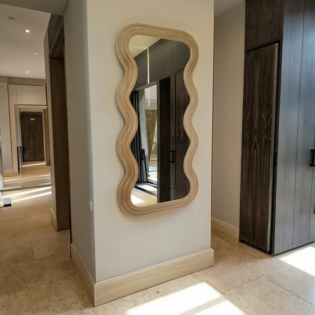 Farmhouse Wooden Wall Mirror Newly Accent Wave Shape Floor Mirror Standing for Wholesale