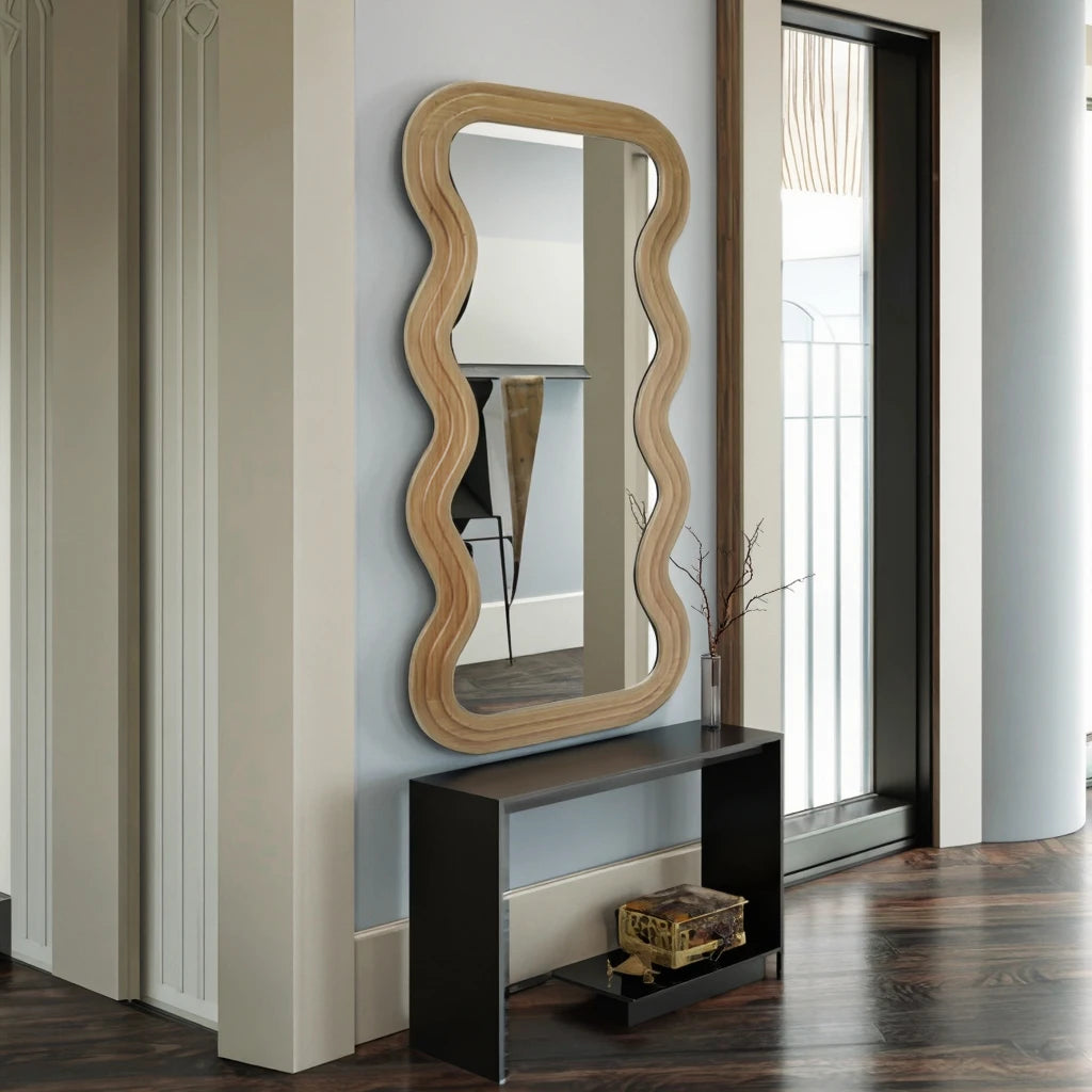 Farmhouse Wooden Wall Mirror Newly Accent Wave Shape Floor Mirror Standing for Wholesale