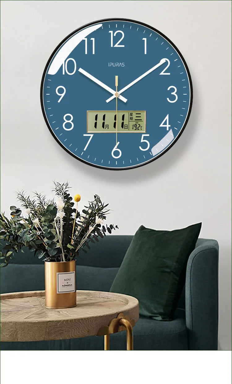 2024 Wall Clock Modern Design Bedroom Living Room Wall Watch Display Calendar Home Silent Sweep Second Fashion Wall Quartz Clock