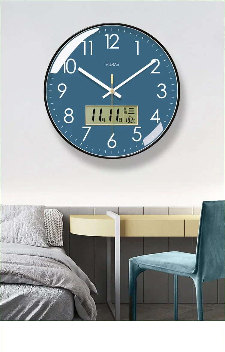 2024 Wall Clock Modern Design Bedroom Living Room Wall Watch Display Calendar Home Silent Sweep Second Fashion Wall Quartz Clock
