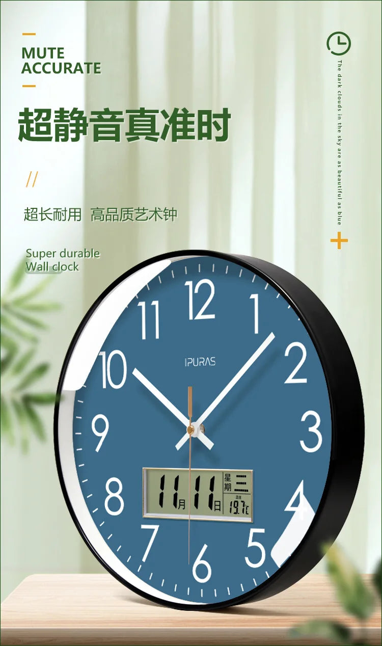 2024 Wall Clock Modern Design Bedroom Living Room Wall Watch Display Calendar Home Silent Sweep Second Fashion Wall Quartz Clock